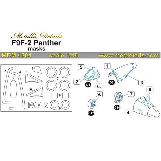 Grumman F9F-2 Panther, Painting Masks Canopy Frame and Wheels Scale 1:48 (Recommended for kit: Trumpeter) Metallic Details MDM4804 - For Model Aircraft Kits