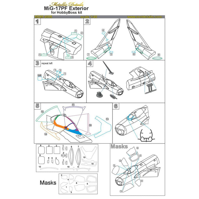 Mikoyan MiG-17PF, Exterior Details (Painting Masks, 3D-Printed, Photoetch) Scale 1:48 (Recommended for kit: HobbyBoss) Metallic Details MDM4805 - For Aircraft Models Kits