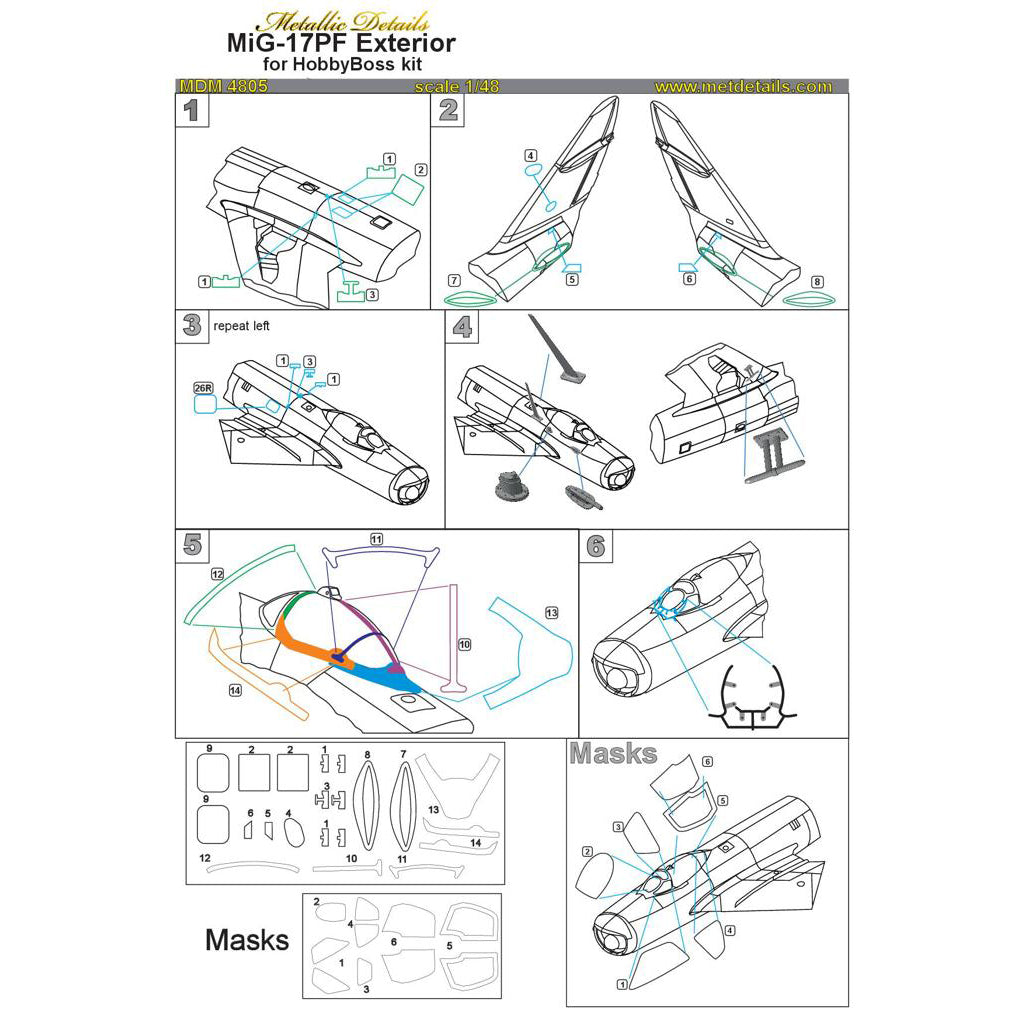 Mikoyan MiG-17PF, Exterior Details (Painting Masks, 3D-Printed, Photoetch) Scale 1:48 (Recommended for kit: HobbyBoss) Metallic Details MDM4805 - For Aircraft Models Kits