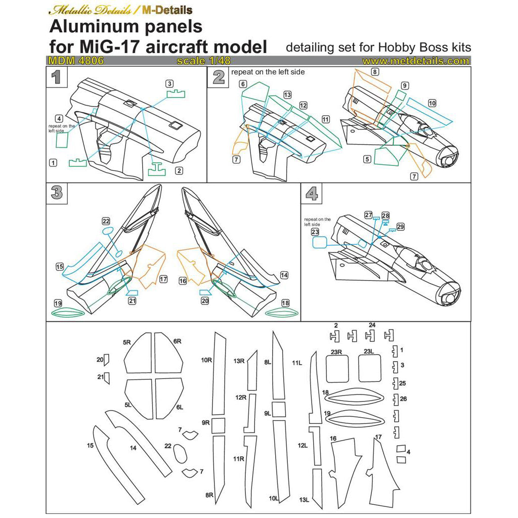 Mikoyan MiG-17, Aluminum panels (for HobbyBoss) Scale 1:48 Metallic Details MDM4806
