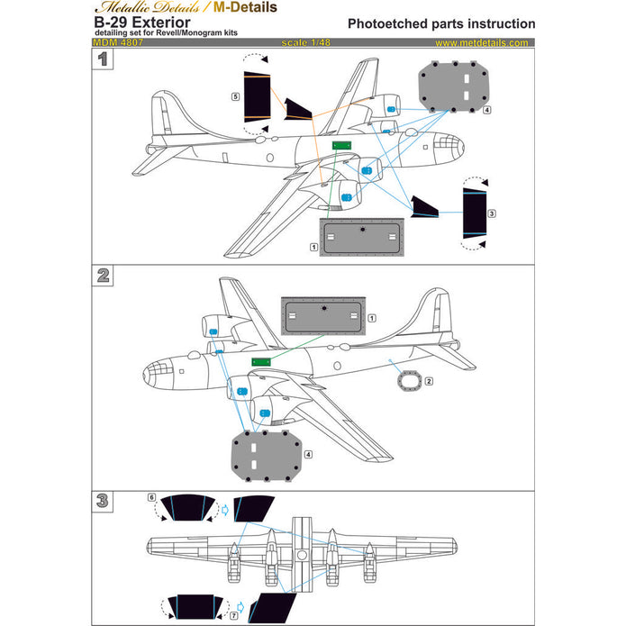 Boeing B-29 Superfortress, Exterior Details - Photoetch, 3D-Printed Scale 1:48 (Recommended for kit: Revel, Monogram) Metallic Details MDM4807 - For Aircraft Model Kits