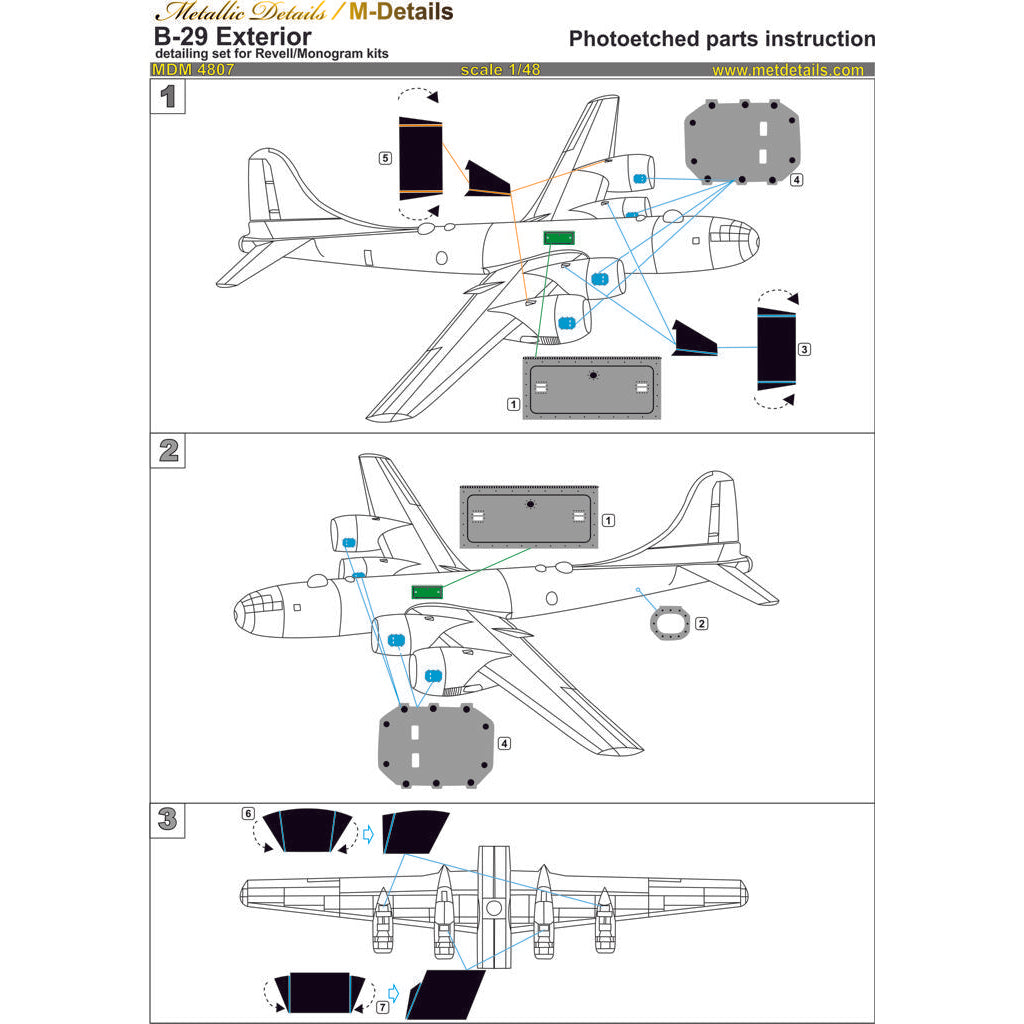 Boeing B-29 Superfortress, Exterior Details - Photoetch, 3D-Printed Scale 1:48 (Recommended for kit: Revel, Monogram) Metallic Details MDM4807 - For Aircraft Model Kits
