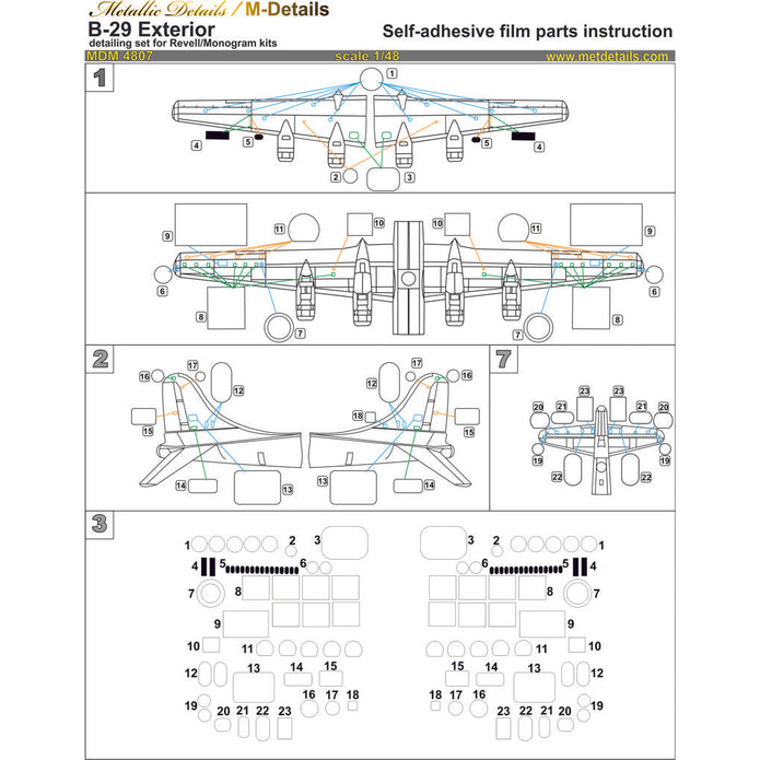 Boeing B-29 Superfortress, Exterior Details - Photoetch, 3D-Printed Scale 1:48 (Recommended for kit: Revel, Monogram) Metallic Details MDM4807 - For Aircraft Model Kits
