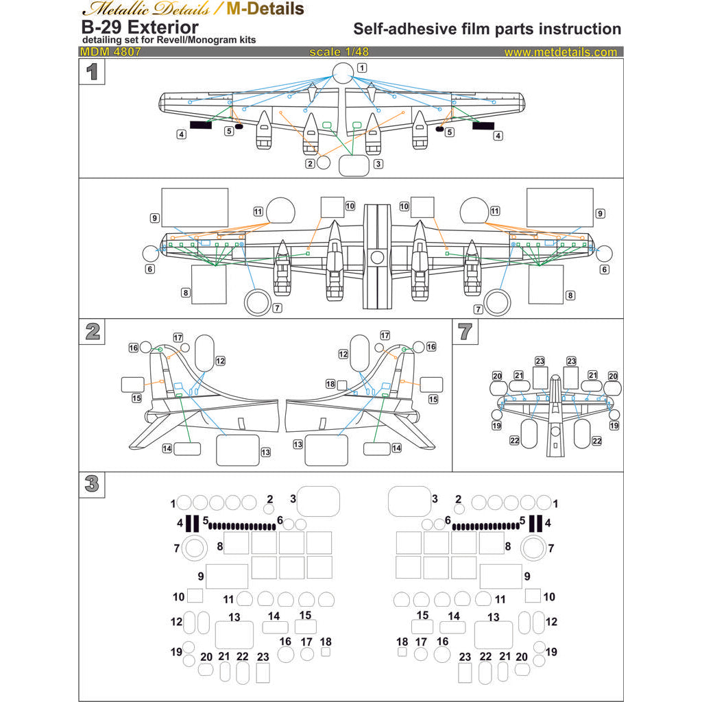 Boeing B-29 Superfortress, Exterior Details - Photoetch, 3D-Printed Scale 1:48 (Recommended for kit: Revel, Monogram) Metallic Details MDM4807 - For Aircraft Model Kits