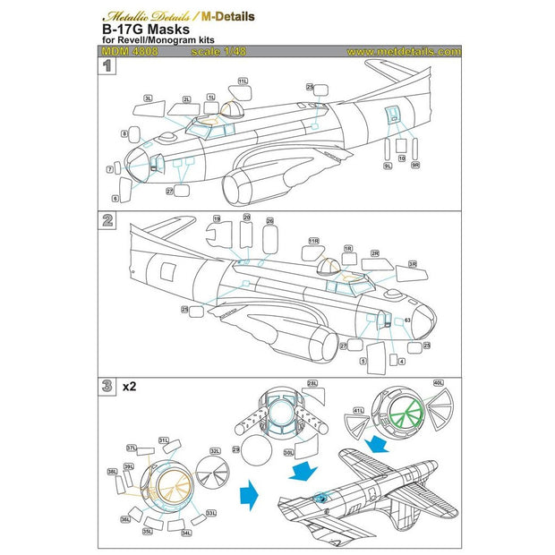 Boeing B-17 G Flying Fortress, Painting Masks Scale 1:48 (Recommended for kit: Revel, Monogram) Metallic Details MDM4808 - For Aircraft Model Kit