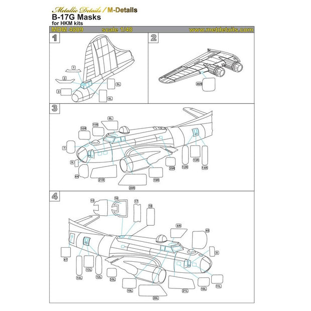 Boeing B-17G, Flying Fortress, Painting Masks Scale 1:48 (Recommended for kit: HK Models) Metallic Details MDM4809 - For Model Kit Aircraft