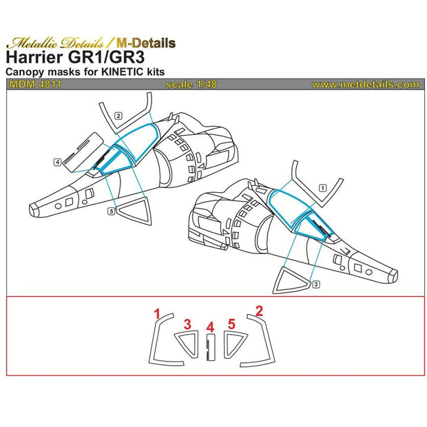 BAe Harrier GR1/GR3, Canopy Painting Masks Scale 1:48 (Recommended for kit: Kinetic) Metallic Details MDM4811 - For Aircraft Kit Model