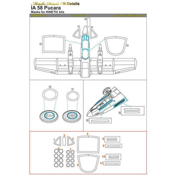 FMA IA 58 Pucara, Canopy Paint Masks Scale 1:48 (Recommended for kit: Kinetic) Metallic Details MDM4812 - For Model Aircraft Kits