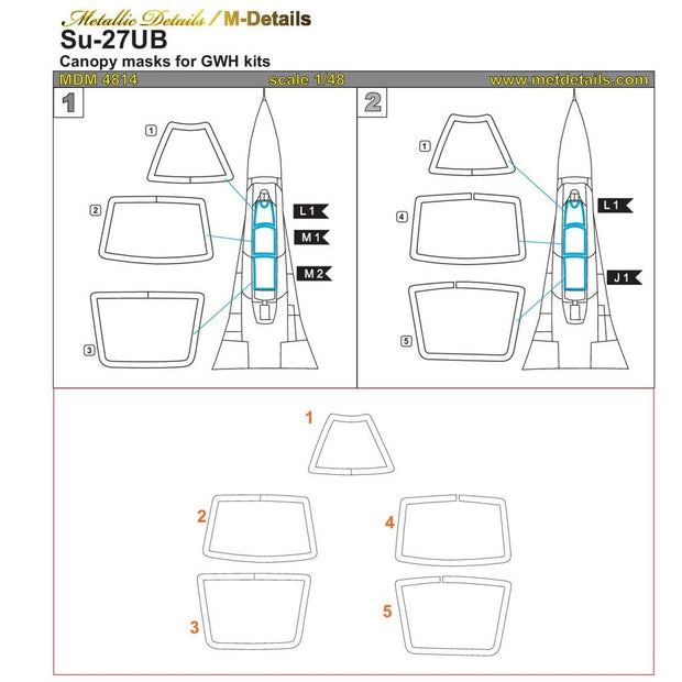 Sukhoi Su-27UB, Canopy Painting Masks Scale 1:48 (Recommended for kit: Great Wall Hobby) Metallic Details MDM4814 - For Model Kits Aircraft