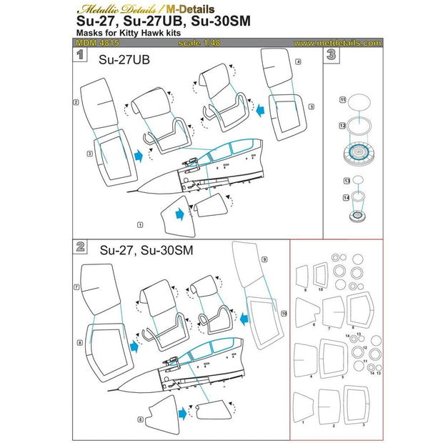 Sukhoi Su-27 / Su-27UB / Su-30SM, Masks Painting Scale 1:48 (Recommended for kit: Kitty Hawk) Metallic Details MDM4815 - For Aircraft Model Kits
