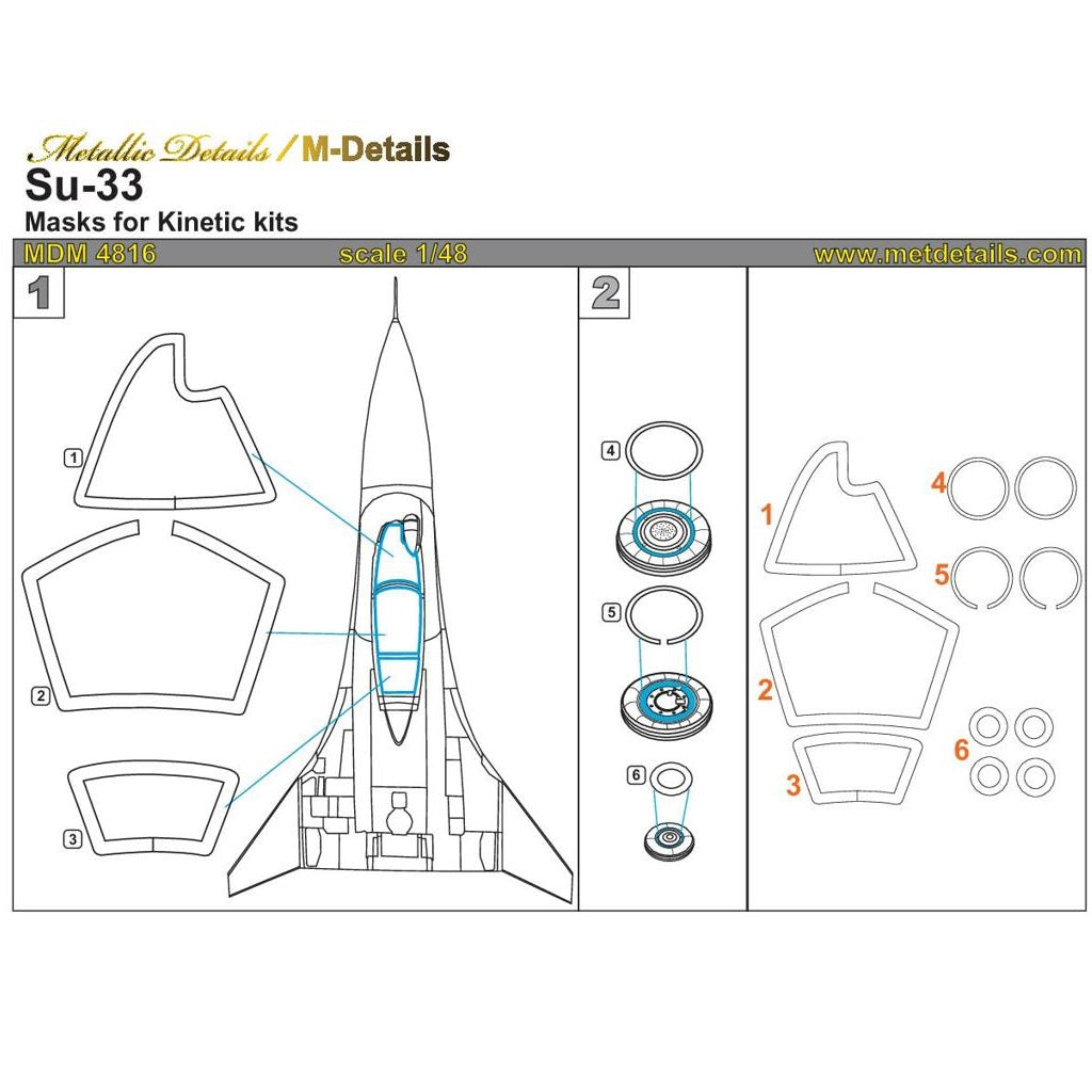 Sukhoi Su-33, Painting Masks Scale 1:48 (Recommended for kit: Kinetic) Metallic Details MDM4816 - For Aircraft Model Kit