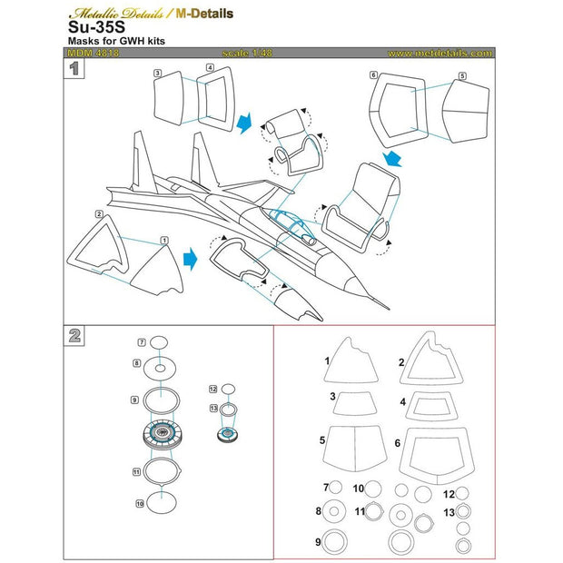Sukhoi Su-35S, Painting Masks Scale 1:48 (Recommended for kit: Great Wall Hobby) Metallic Details MDM4818 - For Models Aircraft Kits
