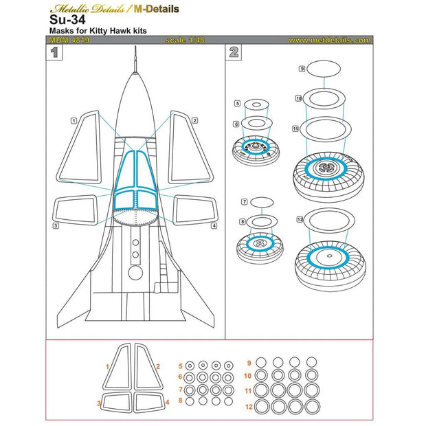 Sukhoi Su-34, Painting Masks Scale 1:48 (Recommended for kit: Kitty Hawk) Metallic Details MDM4819 - For Aircraft Kit Model