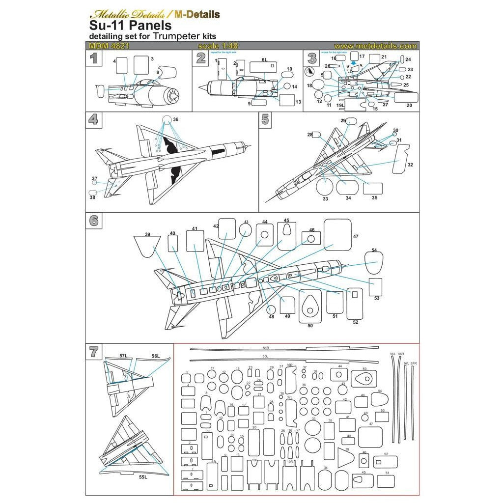 Sukhoi Su-11, Panels Painting Masks Scale 1:48 (Recommended for kit: Trumpeter) Metallic Details MDM4821 - For Aircraft Models Kits