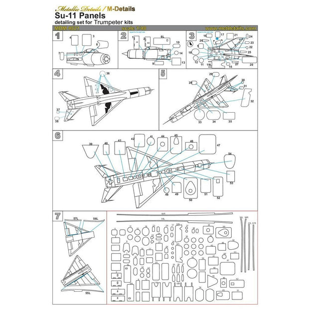Sukhoi Su-11, Panels Painting Masks Scale 1:48 (Recommended for kit: Trumpeter) Metallic Details MDM4821 - For Aircraft Models Kits