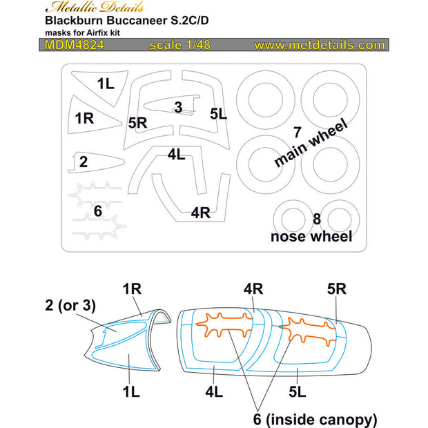 Blackburn Buccaneer S,2C/D, Painting Masks - Wheels and Canopy Frame Scale 1:48 (Recommended for kit: Airfix) Metallic Details MDM4824 - For Aircraft Model Kit