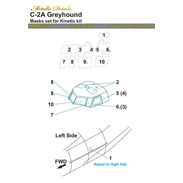 C-2A Greyhound, Painting Masks Scale 1:48 (Recommended for kit: Kinetic) Metallic Details MDM4828 - For Model Aircraft Kits