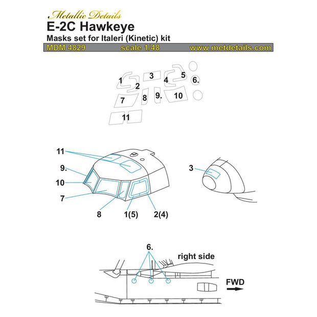 E-2C Hawkeye, Painting Masks Scale 1:48 (Recommended for kit: Italeri, Kinetic) Metallic Details MDM4829 - For Aircraft Models Kits