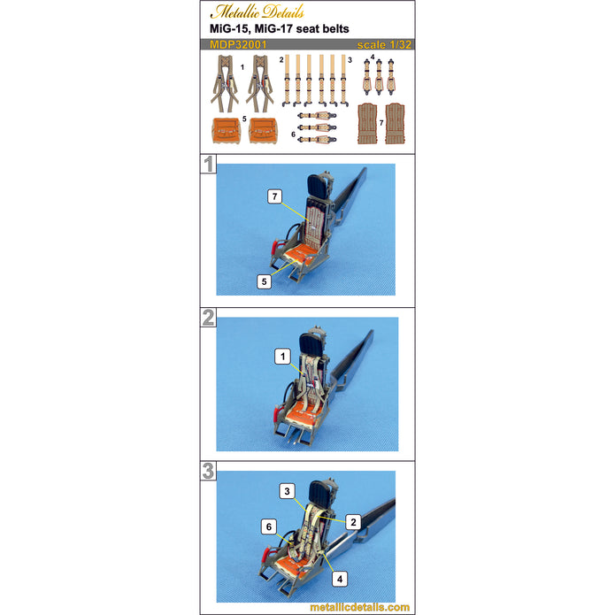 MiG-15 / MiG-17, Seat Belts (3D Decals) Scale 1:32 Metallic Details MDP32001 - For Model Kits Aircraft