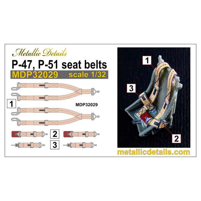 3D Pilot Seatbelt Decals for P-47 Thunderbolt & P-51 Mustang - Set for 2 Seats Scale 1:32 Metallic Details MDP32029