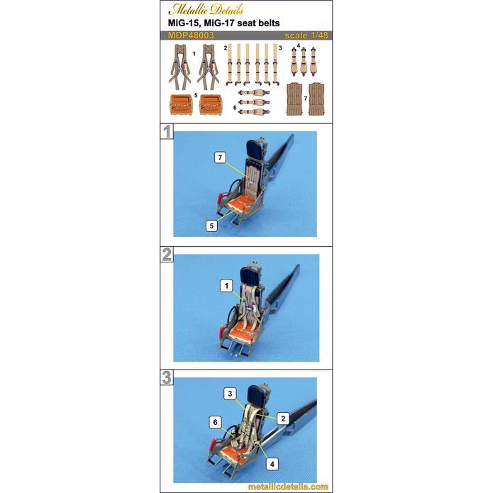 MiG-15 / MiG-17, Seat Belts (3D Decals) Scale 1:48 Metallic Details MDP48003 - For Model Kit Aircraft