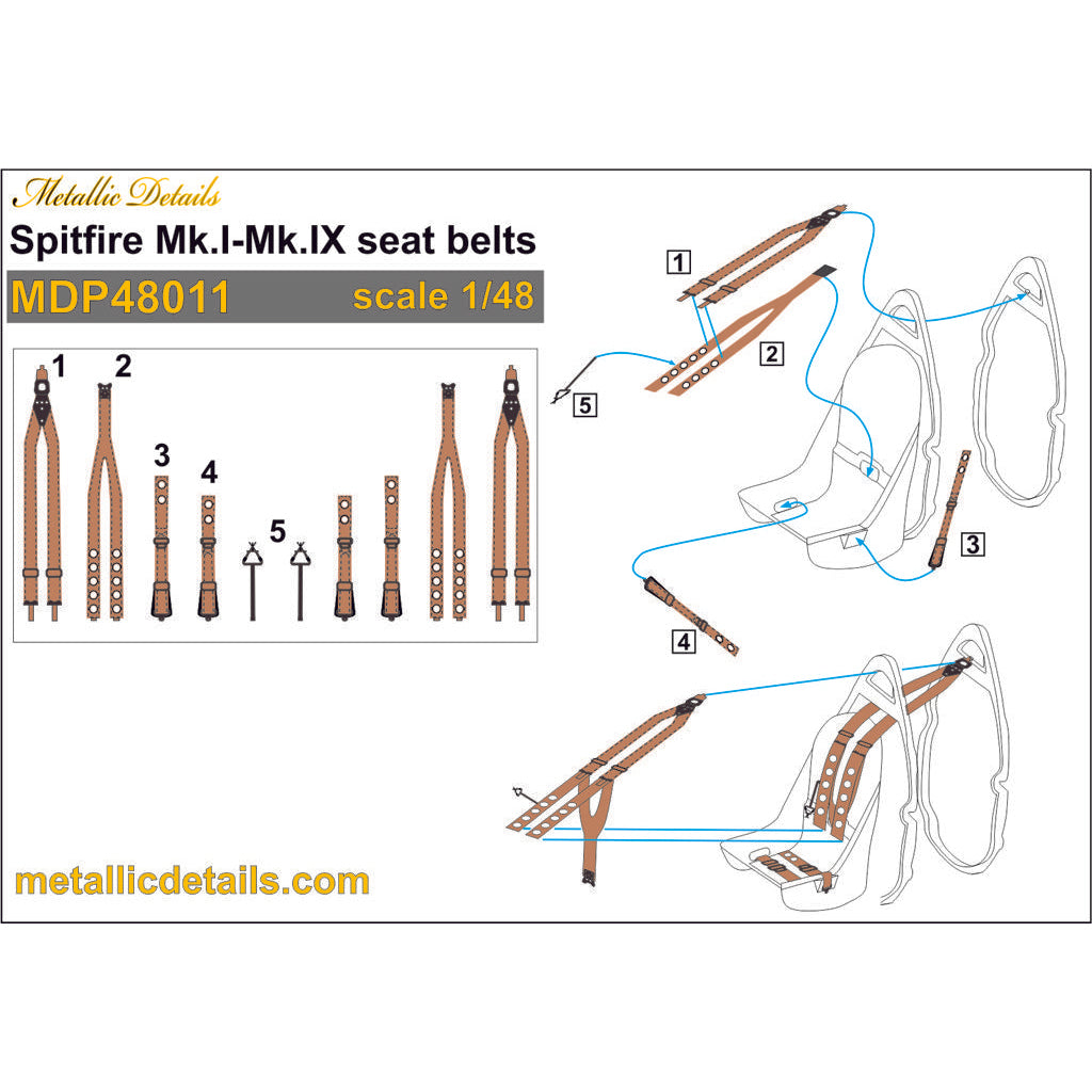 Spitfire Mk,I-Mk,IX Seat Belts (3D Decals) Scale 1:48 Metallic Details MDP48011 - For Model Kit Aircraft
