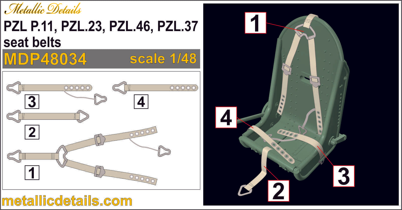 PZL P.11, PZL.23, PZL.46, PZL.37 Seat Belts Scale 1:48 Metallic Details MDP48034