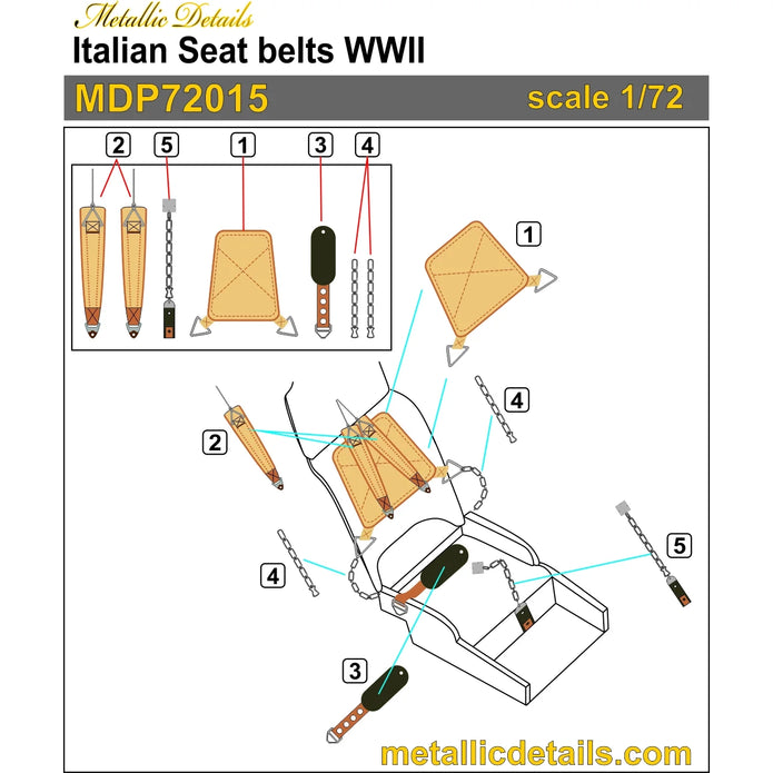 Italian Seat Belts WWII 3D Decals Scale 1:72 Metallic Details MDP72015 - For Aircraft Model Kits