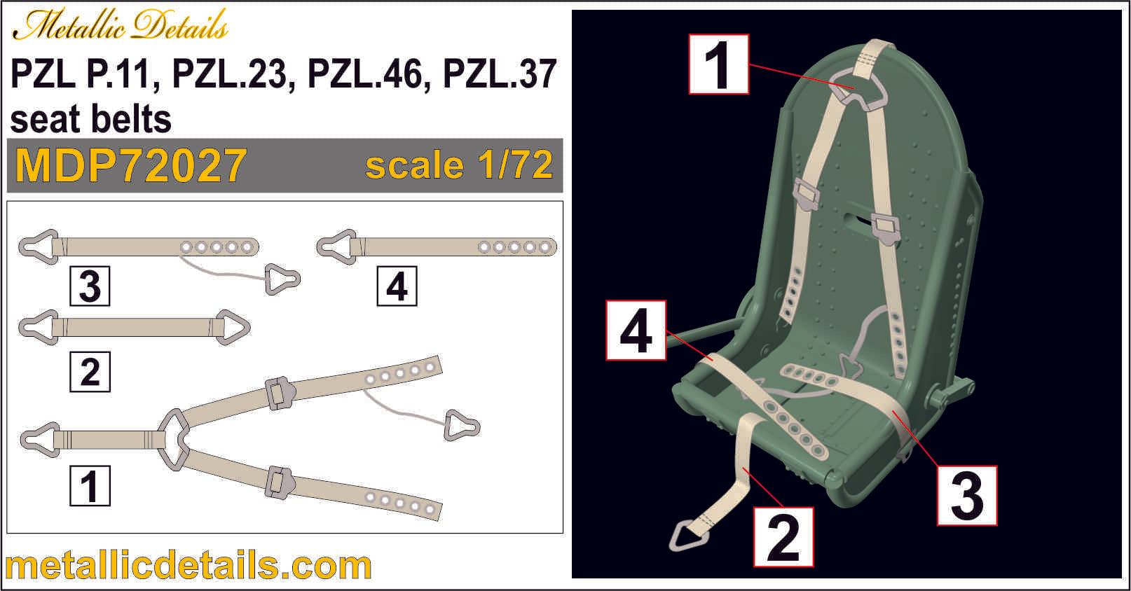 PZL P.11, PZL.23, PZL.46, PZL.37 Seat Belts Scale 1:72 Metallic Details MDP72027