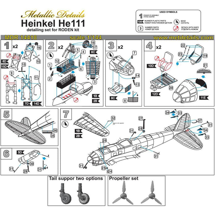 Detailing set for aircraft model Heinkel He 111 (for Roden) Scale 1:144 Metallic Details MDR14418