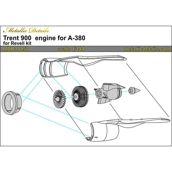 Airbus A380, Trent 900, Engines Detailing sets (3D-Printed) Scale 1:144 (Recommended for kit: Revell) Metallic Details MDR14452 - For Aircraft Kit Model
