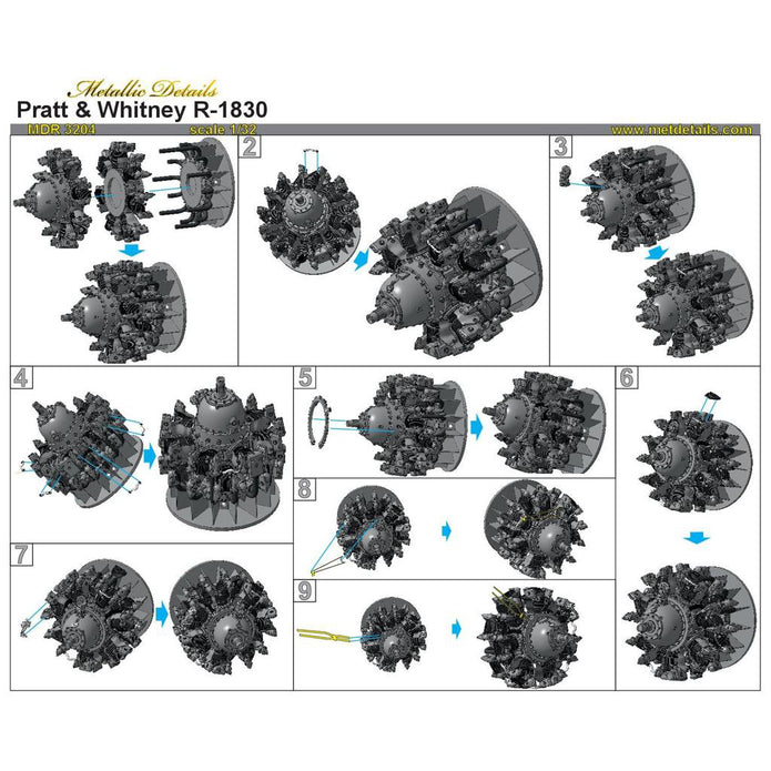 Pratt & Whitney R-1830 Engines, Detailing sets (Resin & Photoetch) Scale 1:32 (Recommended for kit: HobbyBoss) Metallic Details MDR3204 - For Aircraft Model Kits