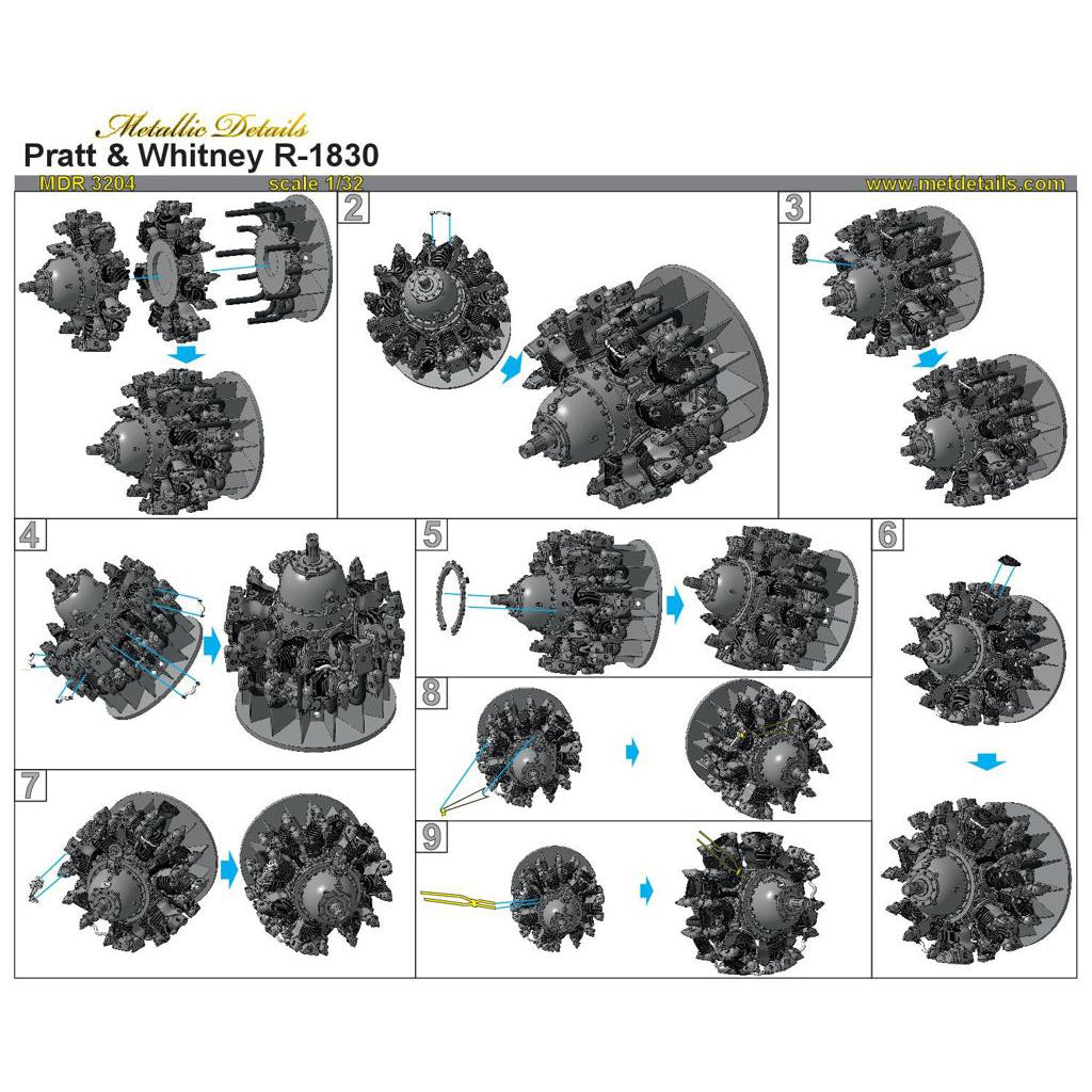 Pratt & Whitney R-1830 Engines, Detailing sets (Resin & Photoetch) Scale 1:32 (Recommended for kit: HobbyBoss) Metallic Details MDR3204 - For Aircraft Model Kits