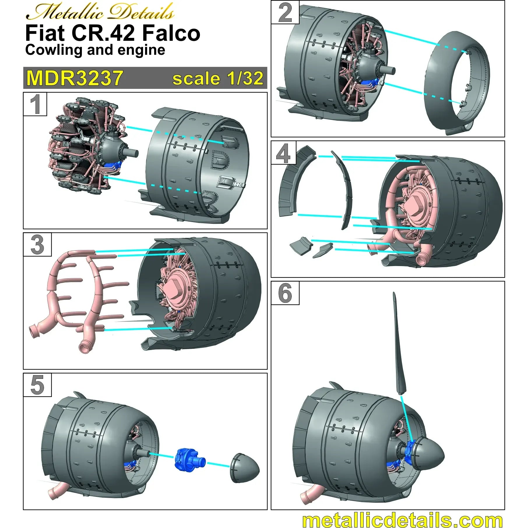 Fiat CR,42 Falco, Detailing sets Cowling, Engines and Propeller (3D-Printed) Scale 1:32 (Recommended for kit: ICM) Metallic Details MDR3237 - For Aircraft Models Kits