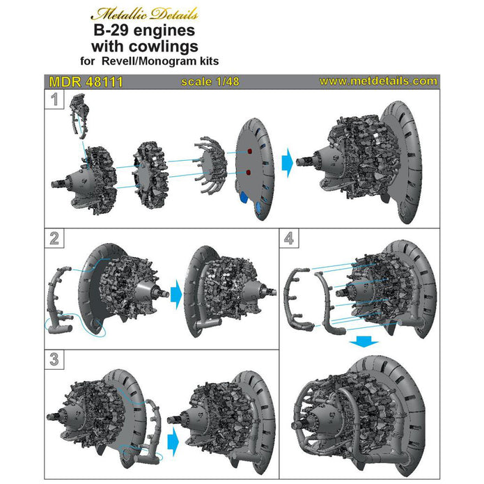 Boeing B-29 Superfortress, Detailing set Engines with Cowlings (3D-Printed) Scale 1:48 (Recommended for kit: Revell, Monogram) Metallic Details MDR48111 - For Aircraft Model Kit