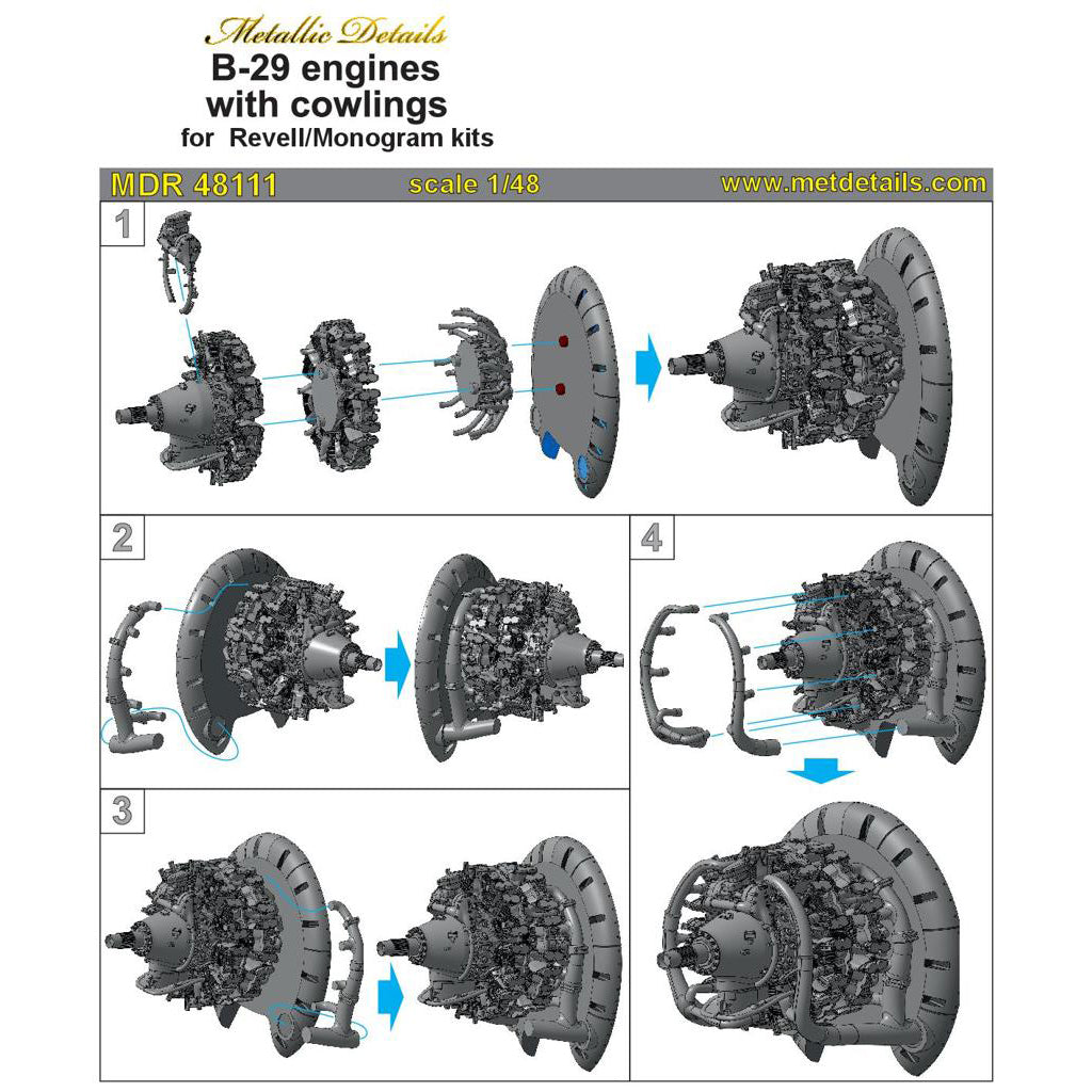 Boeing B-29 Superfortress, Detailing set Engines with Cowlings (3D-Printed) Scale 1:48 (Recommended for kit: Revell, Monogram) Metallic Details MDR48111 - For Aircraft Model Kit