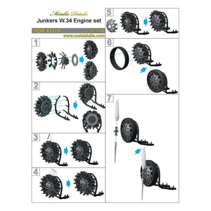 Junkers W,34, Detailing set Engine (3D-Printed) Scale 1:48 (Recommended for kit: MikroMir) Metallic Details MDR48115 - For Model Aircraft Kits