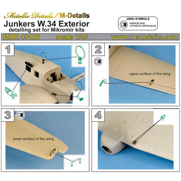 Junkers W,34, Details Exterior set (3D-Printed) Scale 1:48 (Recommended for kit: MikroMir) Metallic Details MDR48126 - For Aircraft Model Kit