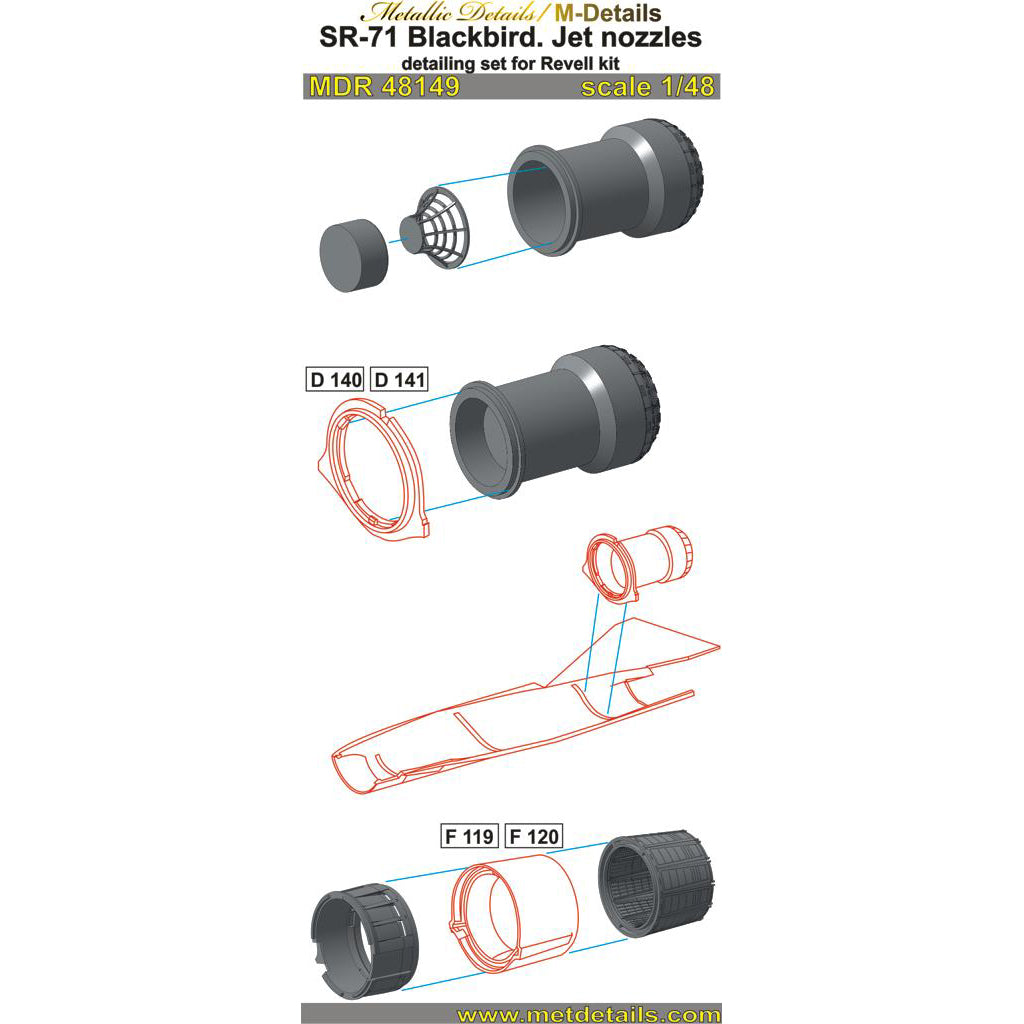 SR-71 Blackbird, Detailing set Jet Nozzels (Resin, 3D-Printed) Scale 1:48 (Recommended for kit: Revell) Metallic Details MDR48149 - For Model Kit Aircraft