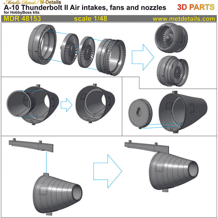 Fairchild Republic A-10 Thunderbolt II, Detailing sets Air Intakes, Fans and Nozzles (3D-Printed) Scale 1:48 (Recommended for kit: HobbyBoss) Metallic Details MDR48153 - For Model Kits Aircraft