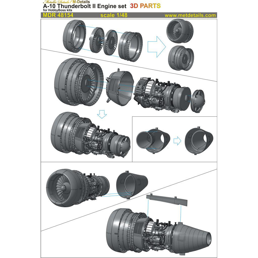 Fairchild Republic A-10 Thunderbolt II, Detailing set Engine (3D-Printed) Scale 1:48 (Recommended for kit: HobbyBoss) Metallic Details MDR48154 - For Aircraft Model Kits