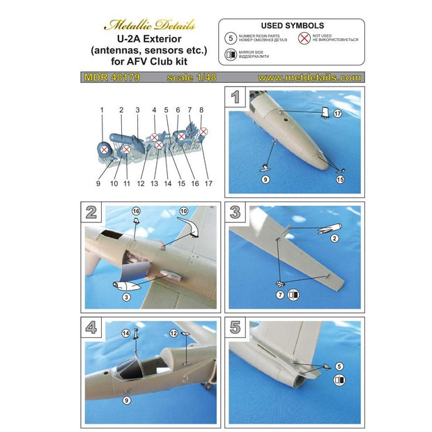 Lockheed U-2 A Dragon Lady, Exterior Detailing set (3D-Printed) Scale 1:48 (Recommended for kit: AFV Club) Metallic Details MDR48179 - For Models Aircraft Kits