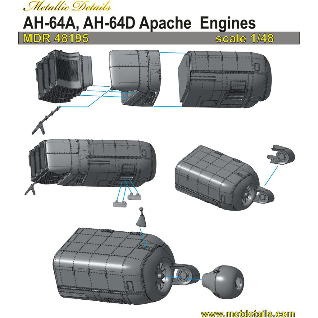 AH-64A/D Apache, Engines Detailing set (3D-Printed) Scale 1:48 (Recommended for kit: Hasegawa) Metallic Details MDR48195 - For Model Helicopter Kits