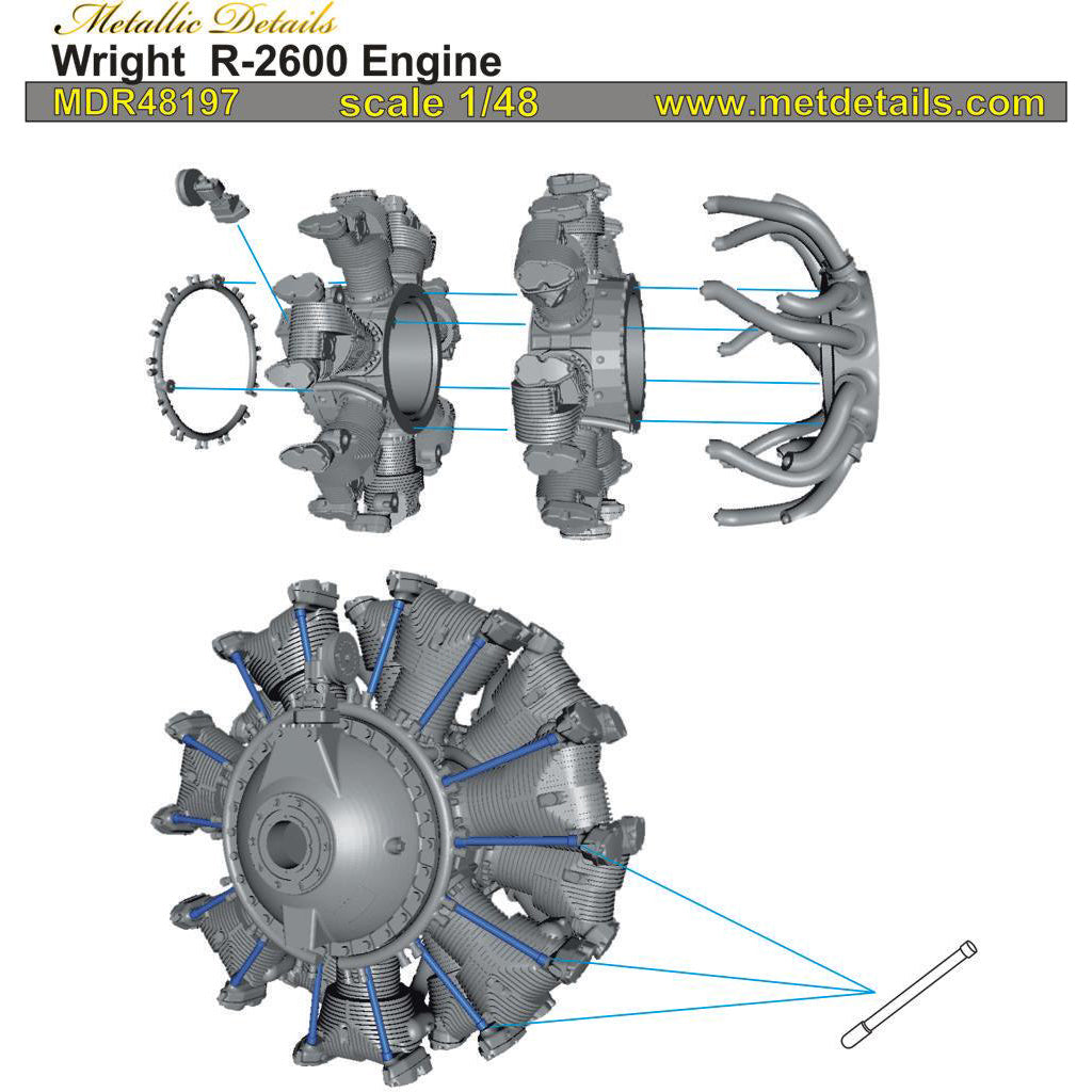 Wright R-2600 Engines Detailing set (3D-Printed) Scale 1:48 Metallic Details MDR48197 - For Model Kits Aircraft