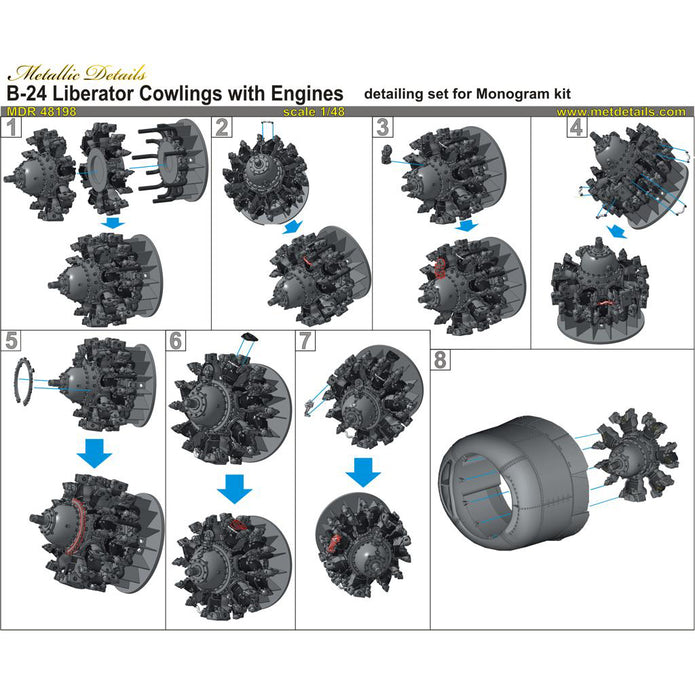Consolidated B-24 Liberator, Cowlings with Engines (3D-Printed) Scale 1:48 (Recommended for kit: Monogram) Metallic Details MDR48198 - For Aircraft Model Kits