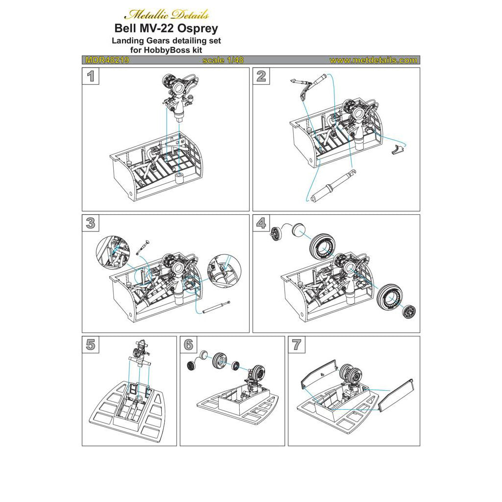 Bell MV-22 Osprey, Landing Gears, Wheel Bays, Wheels (for HobbyBoss) Scale 1:48 Metallic Details MDR48219