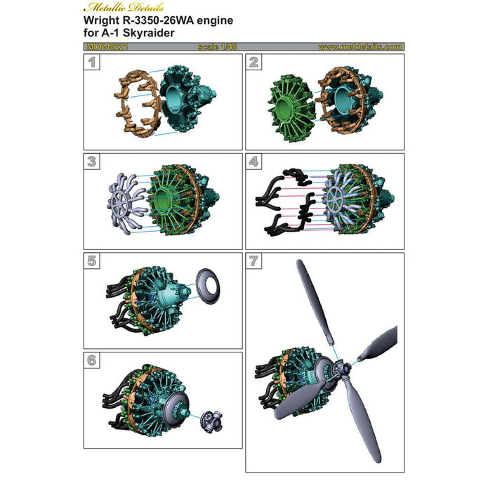 Douglas A-1 Skyraider, Wright R-3350-26WA Engines Detailing set (3D-Printed) Scale 1:48 (Recommended for kit: Tamiya) Metallic Details MDR48221 - For Model Kit Aircraft