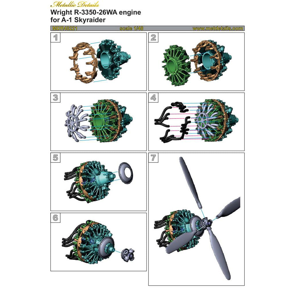 Douglas A-1 Skyraider, Wright R-3350-26WA Engines Detailing set (3D-Printed) Scale 1:48 (Recommended for kit: Tamiya) Metallic Details MDR48221 - For Model Kit Aircraft