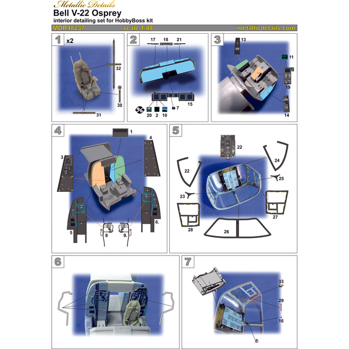 Bell Boeing V-22 Osprey, 3D-printed parts and Color Printing for Detailing of Cockpit Interior Elements and 2 Pilot Seats (for HobbyBoss) Scale 1:48 Metallic Details MDR48237