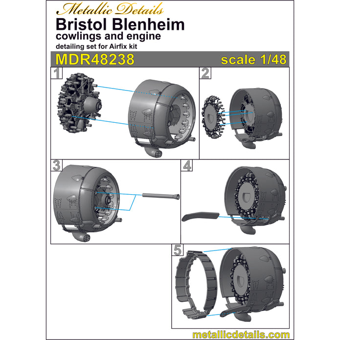Bristol Blenheim, Cowlings and Engines (3D-Printed) Scale 1:48 (Recommended for kit: Airfix) Metallic Details MDR48238 - For Aircraft Kit Model